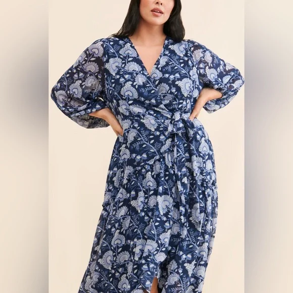 Hutch Anthropologie NEW Blue Abstract Floral Wrap Maxi Dress Semi Formal Size 3X Hutch Anthropologie NEW Blue Abstract Floral Wrap Maxi Dress Semi Formal Size 3X